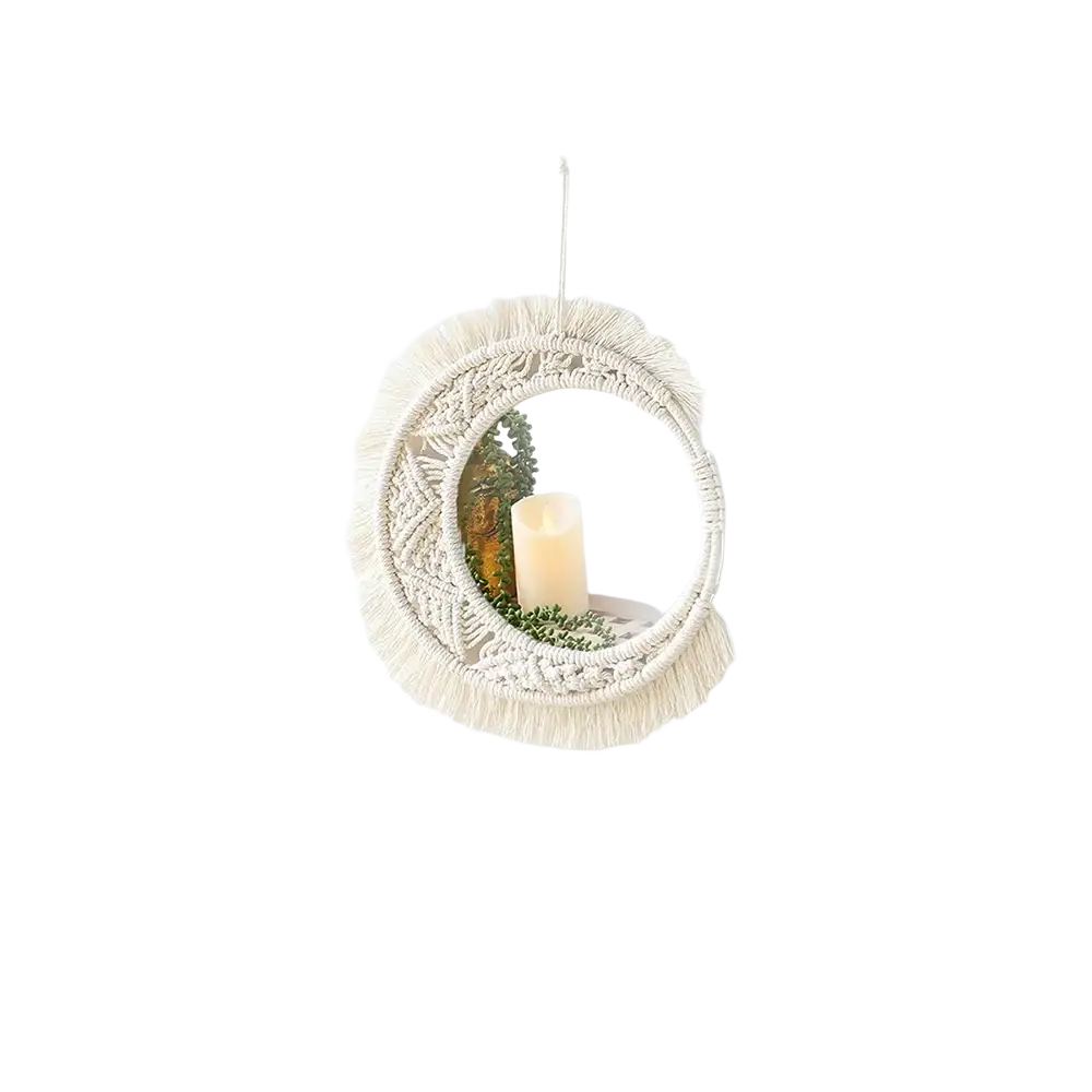 Boho macrame wall mirror with cream-colored woven frame and fringe for living room home decor