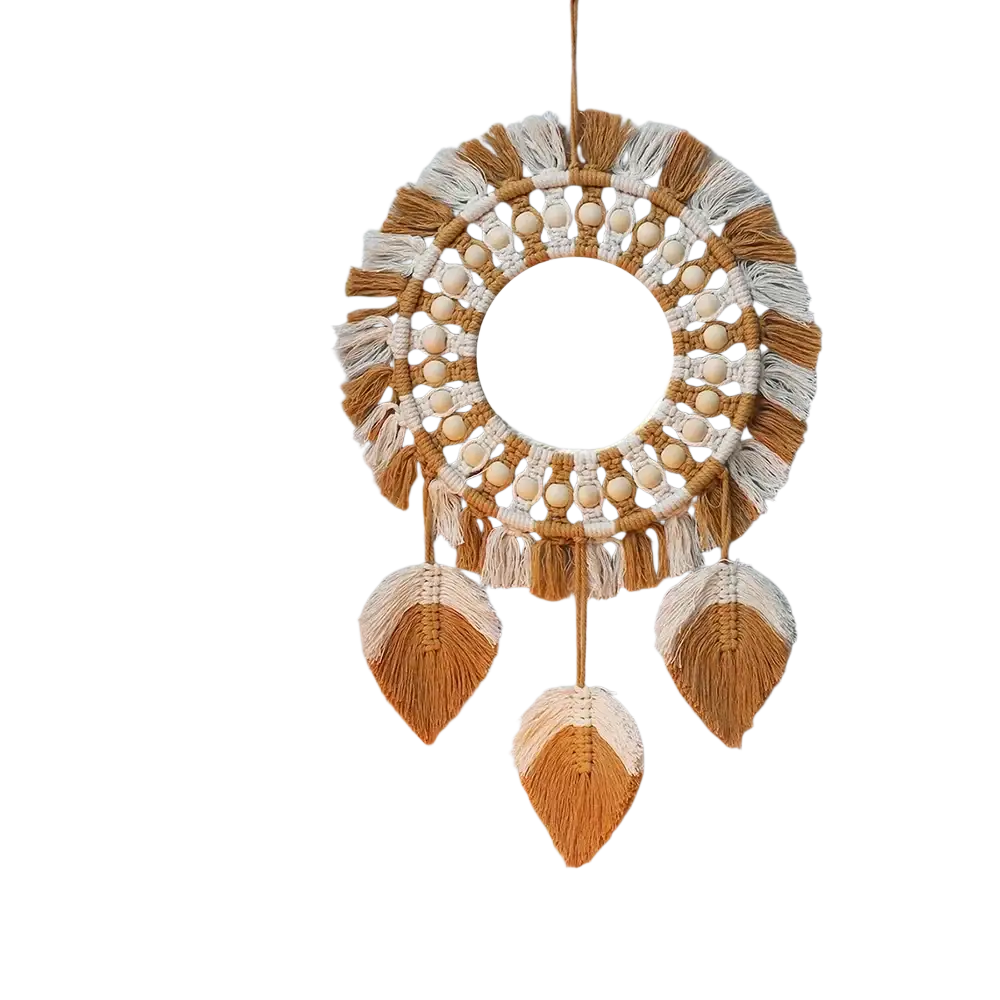Boho macrame wall mirror with beige and white woven frame, wooden beads, tassels, and leaf ornaments for living room decor