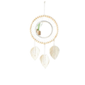 Boho macrame wall mirror with a circular mirror center, wooden beads, and white feathers for living room home decor