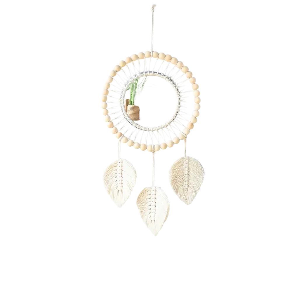 Boho macrame wall mirror with a circular mirror center, wooden beads, and white feathers for living room home decor