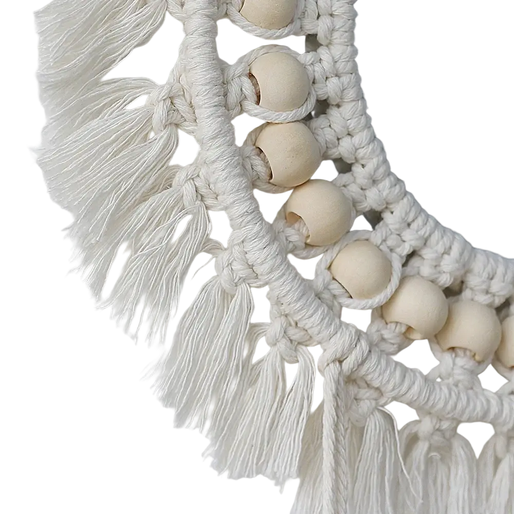 Boho white macrame wall mirror with wooden beads and fringe for living room home decor and wall decoration