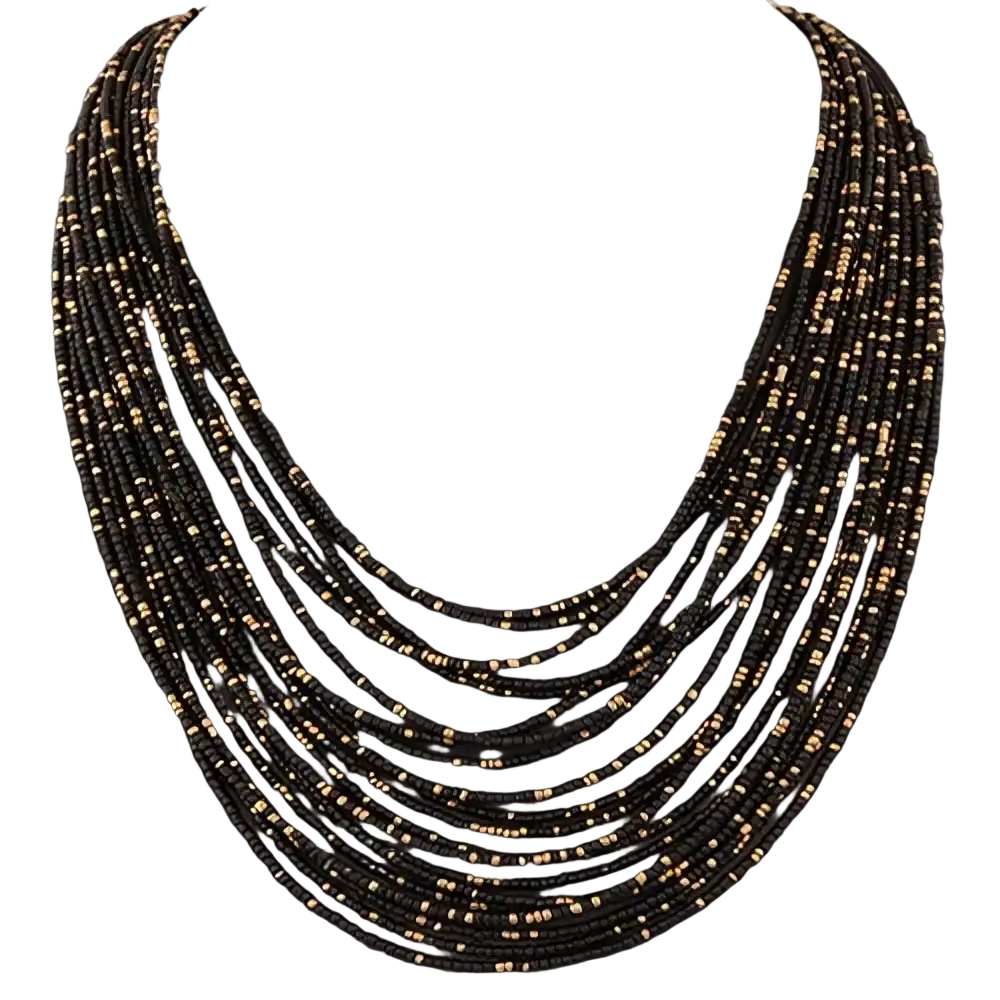 Black and gold beaded boho multi-layer statement necklace featuring layered design and intricate beadwork