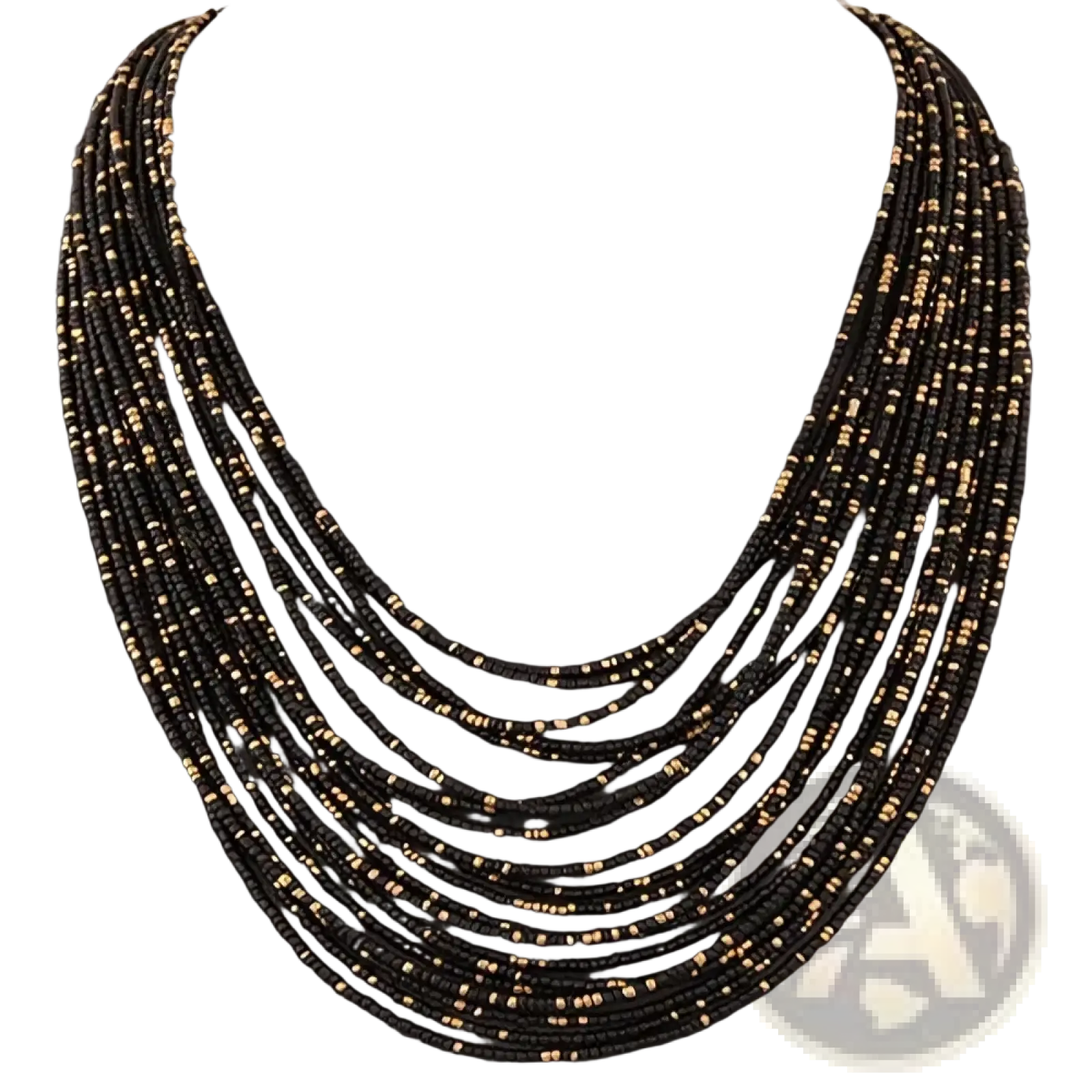 Black and gold beaded boho multi-layer statement necklace featuring layered design and intricate beadwork