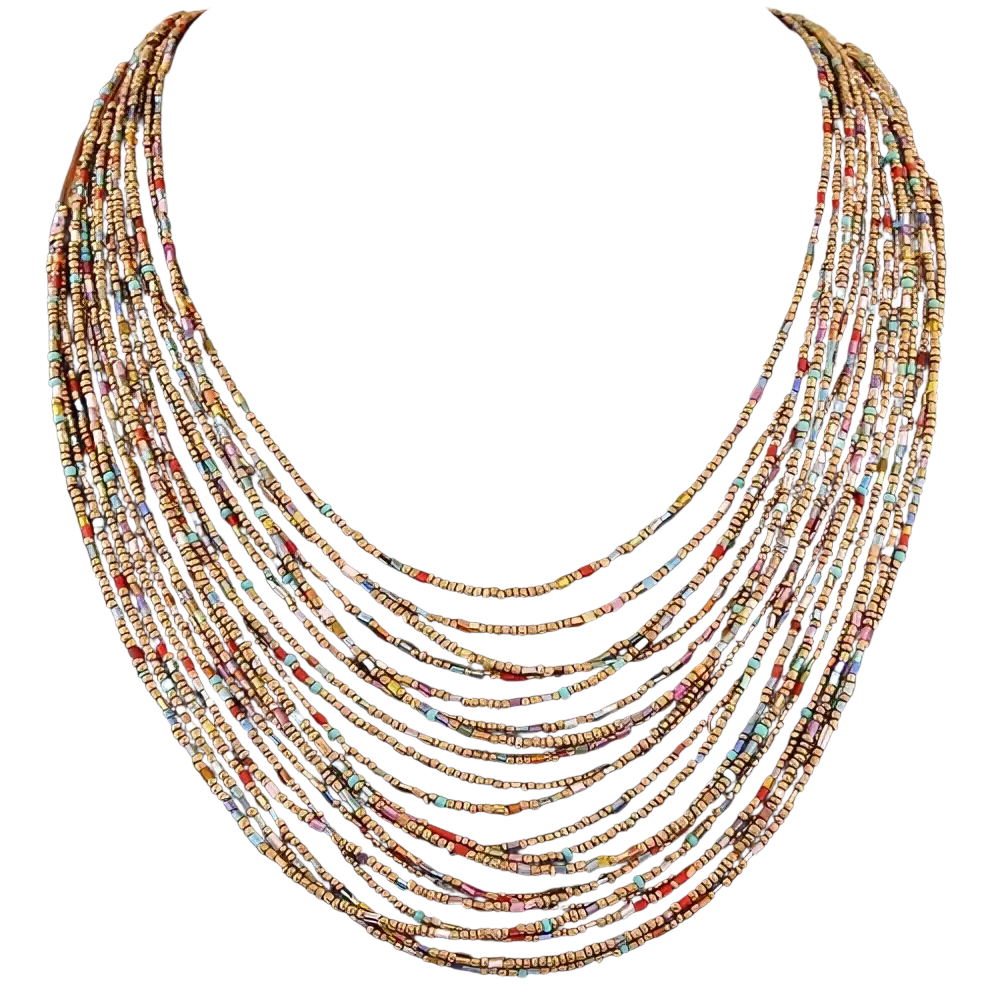 Boho multi-layer bead statement necklace featuring multi-strand tiny colorful glass beads in earthy tones and vibrant accents