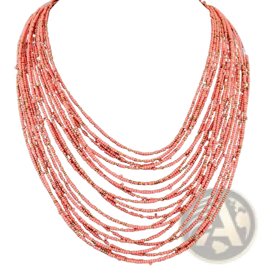 Boho multi-layer bead statement necklace featuring multi-strand coral beads in pink and gold tones on black mannequin