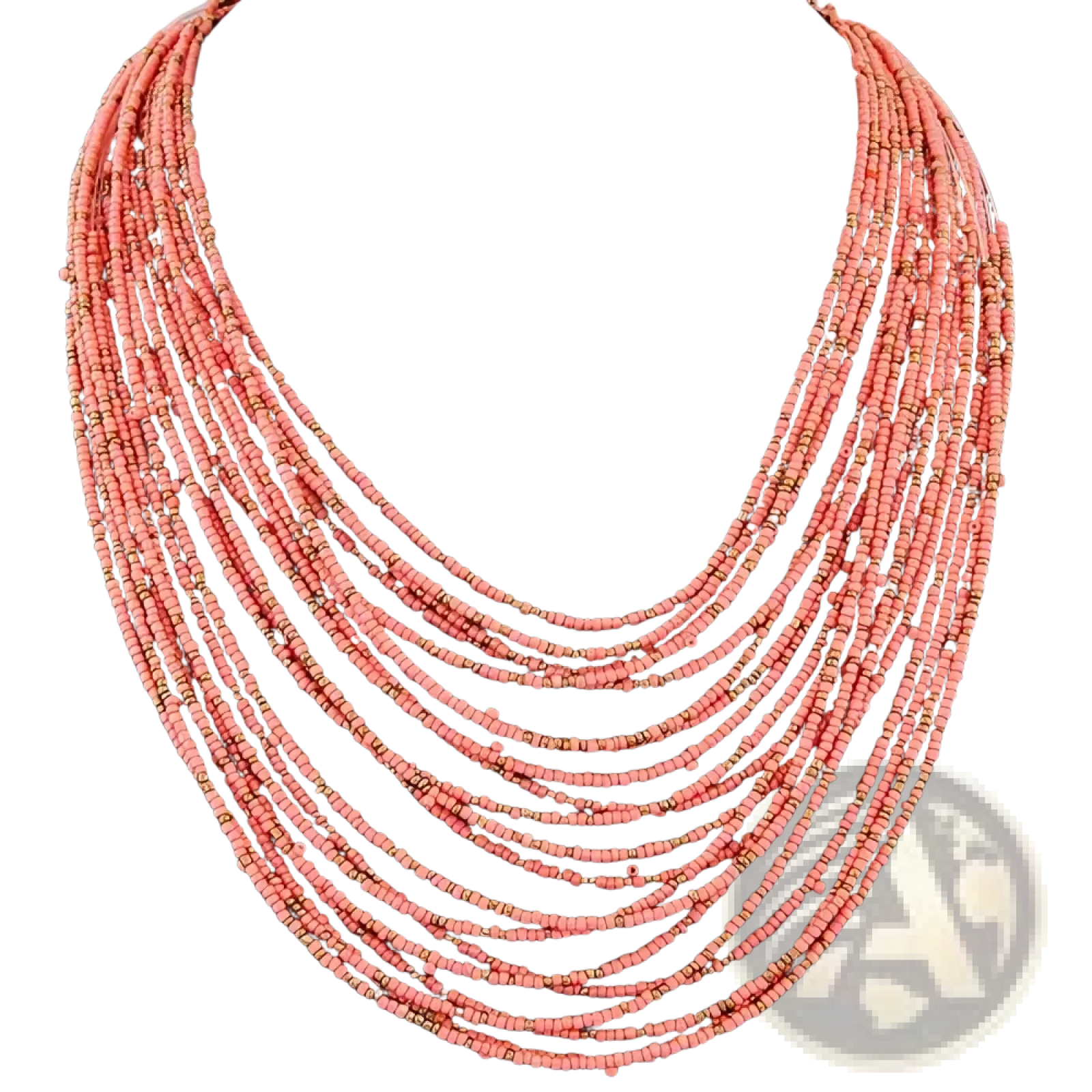 Boho multi-layer bead statement necklace featuring multi-strand coral beads in pink and gold tones on black mannequin