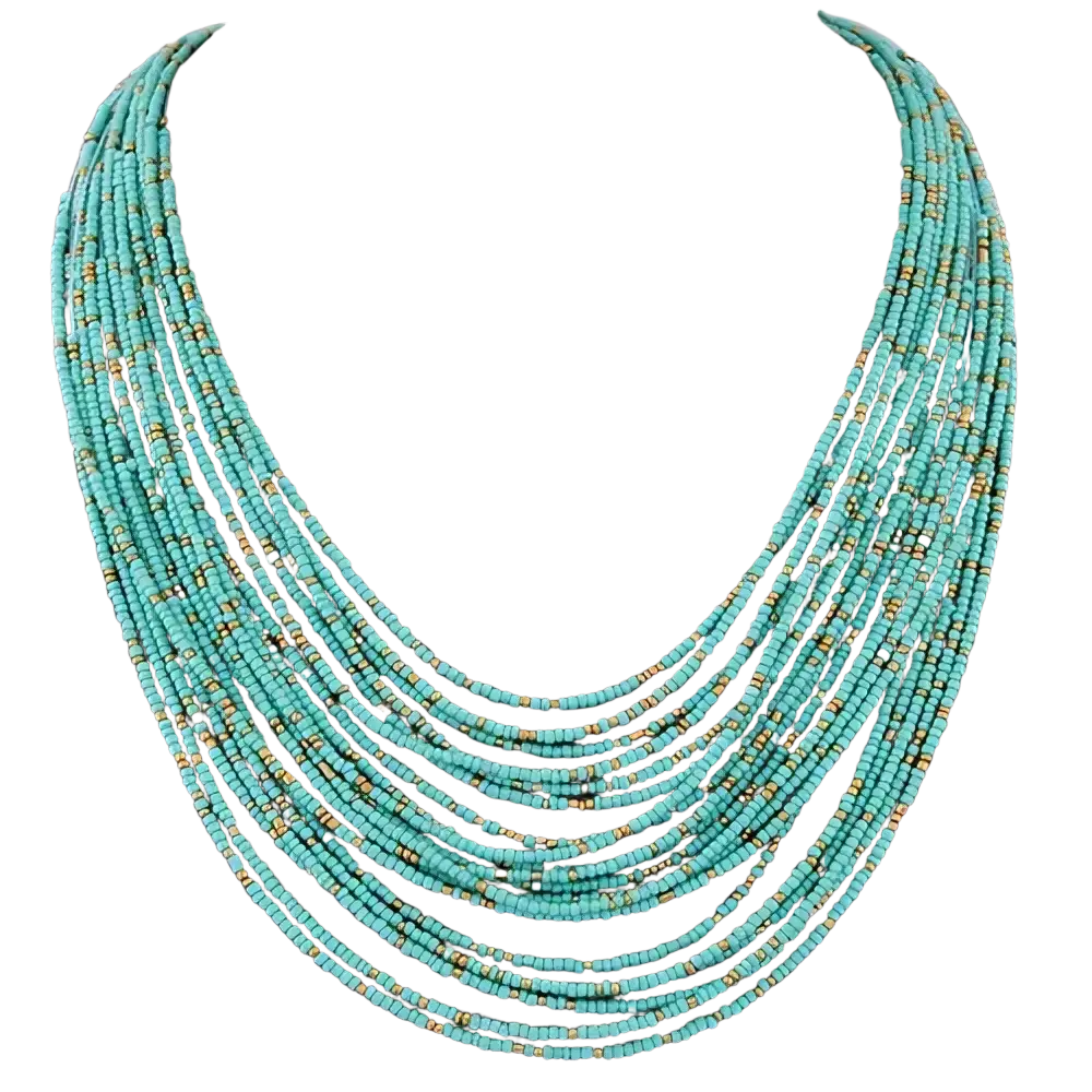 Boho multi-layer bead statement necklace featuring turquoise multi-strand beads with subtle gold accents