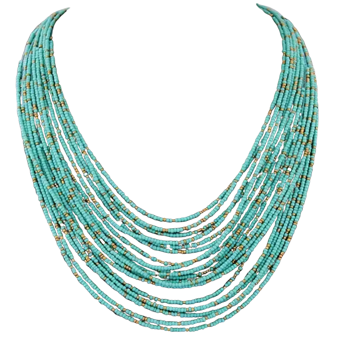 Boho multi-layer bead statement necklace featuring multi-strand turquoise beads with gold accents