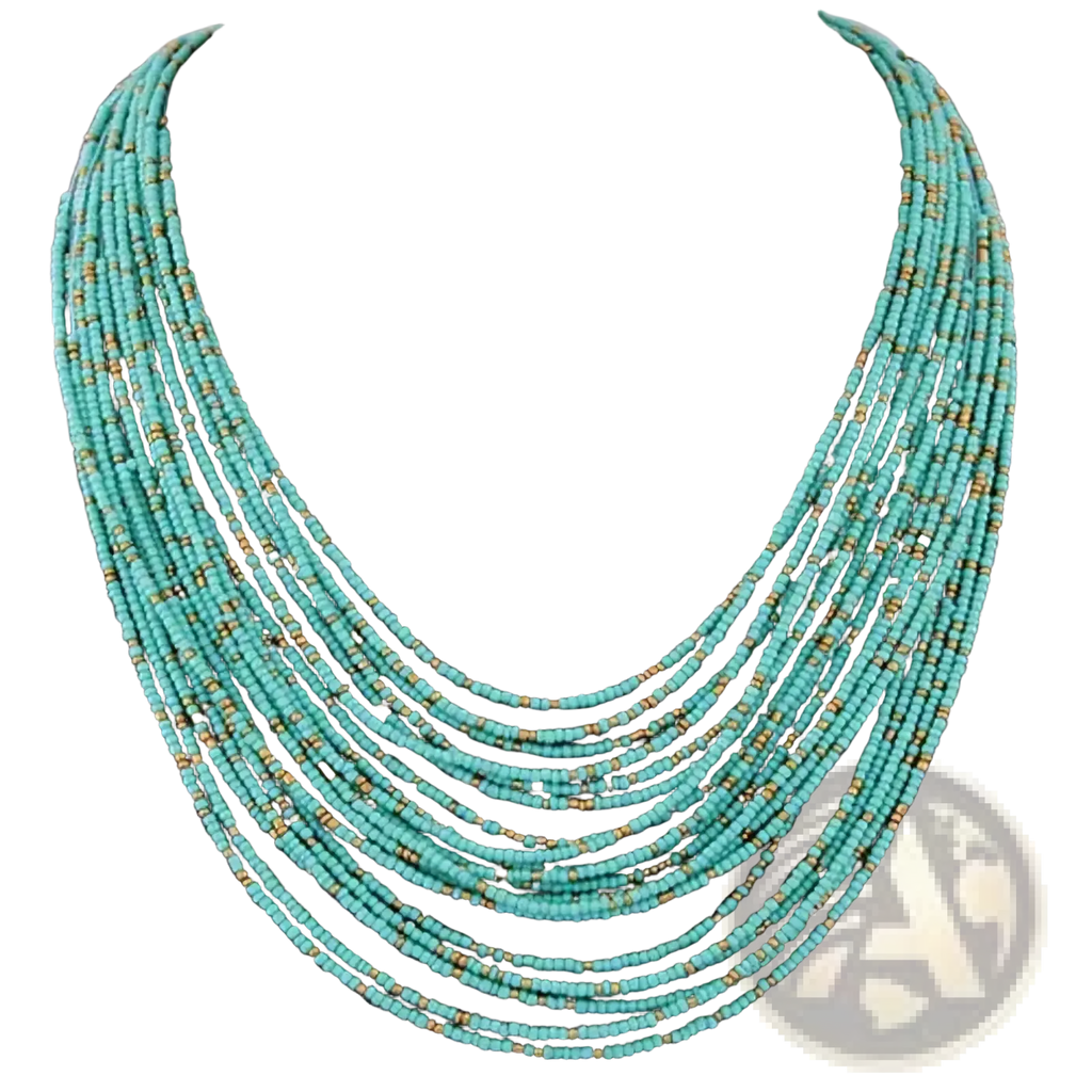 Boho multi-layer bead statement necklace featuring multi-strand turquoise beads with gold accents