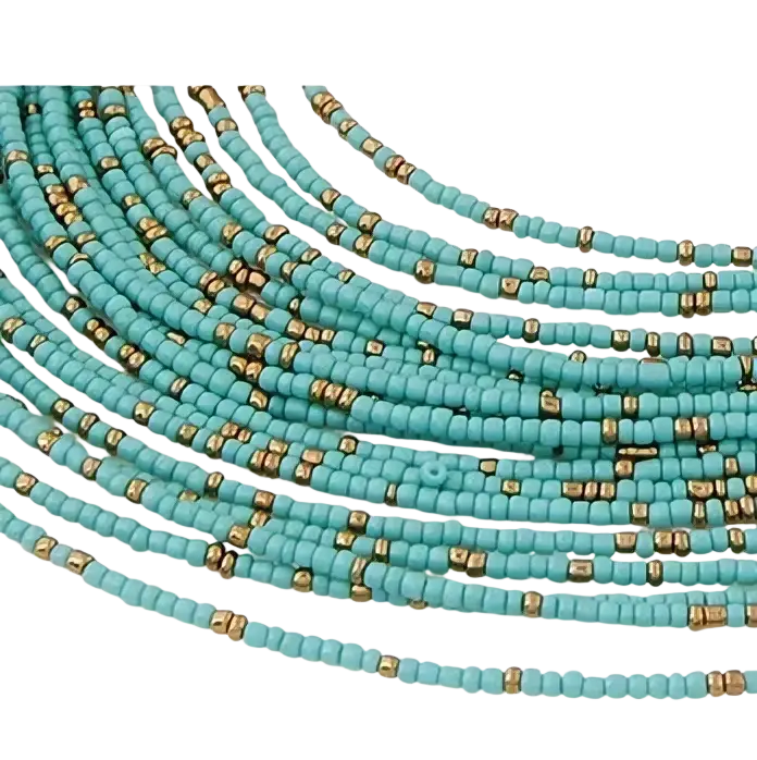 Boho multi-layer bead statement necklace featuring turquoise and gold metallic seed beads in layered strands