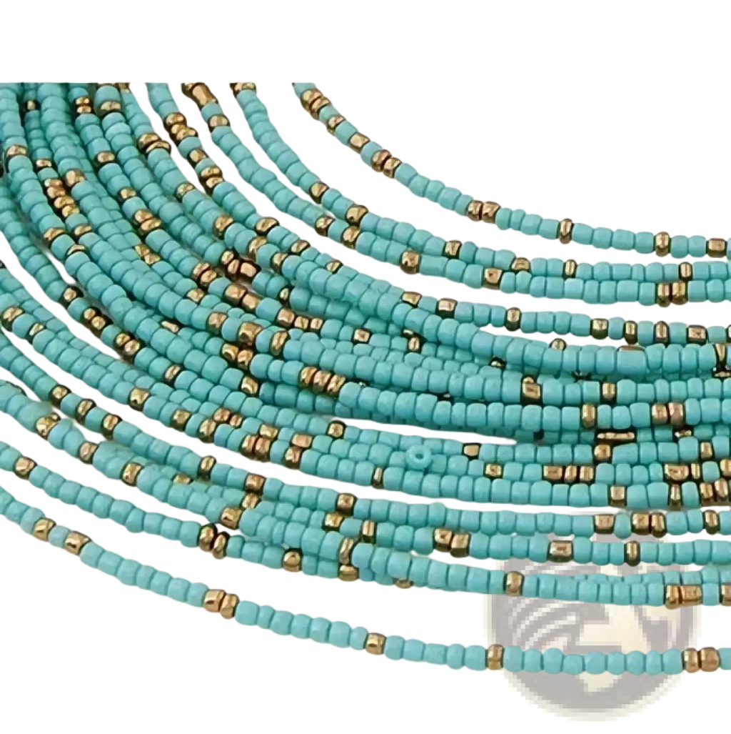 Boho multi-layer bead statement necklace featuring turquoise and gold metallic seed beads in layered strands