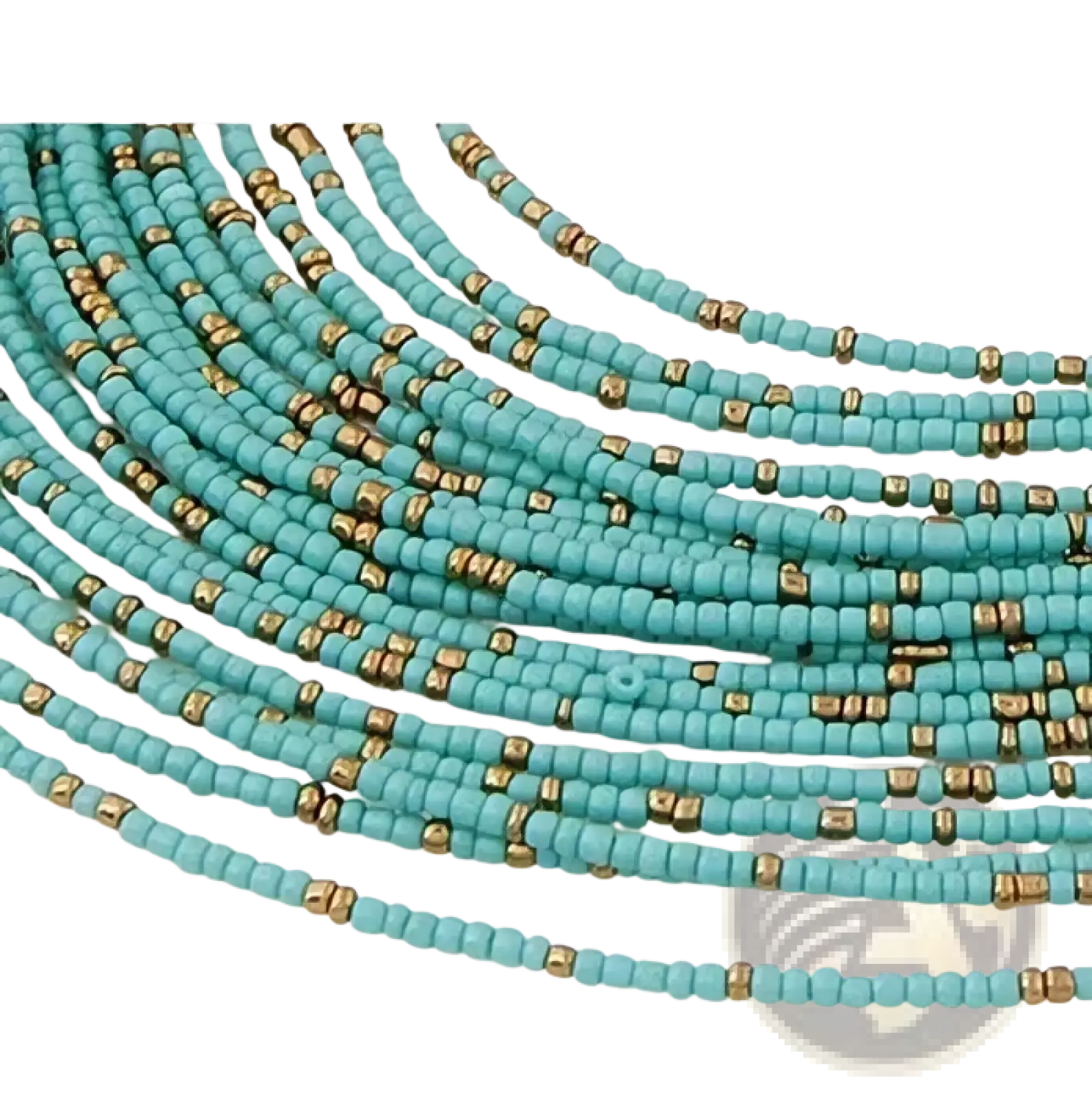 Boho multi-layer bead statement necklace featuring turquoise and gold metallic seed beads in layered strands