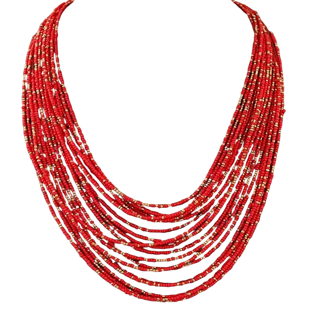 Boho multi-layer bead statement necklace featuring vibrant red cylindrical beads with subtle gold accents