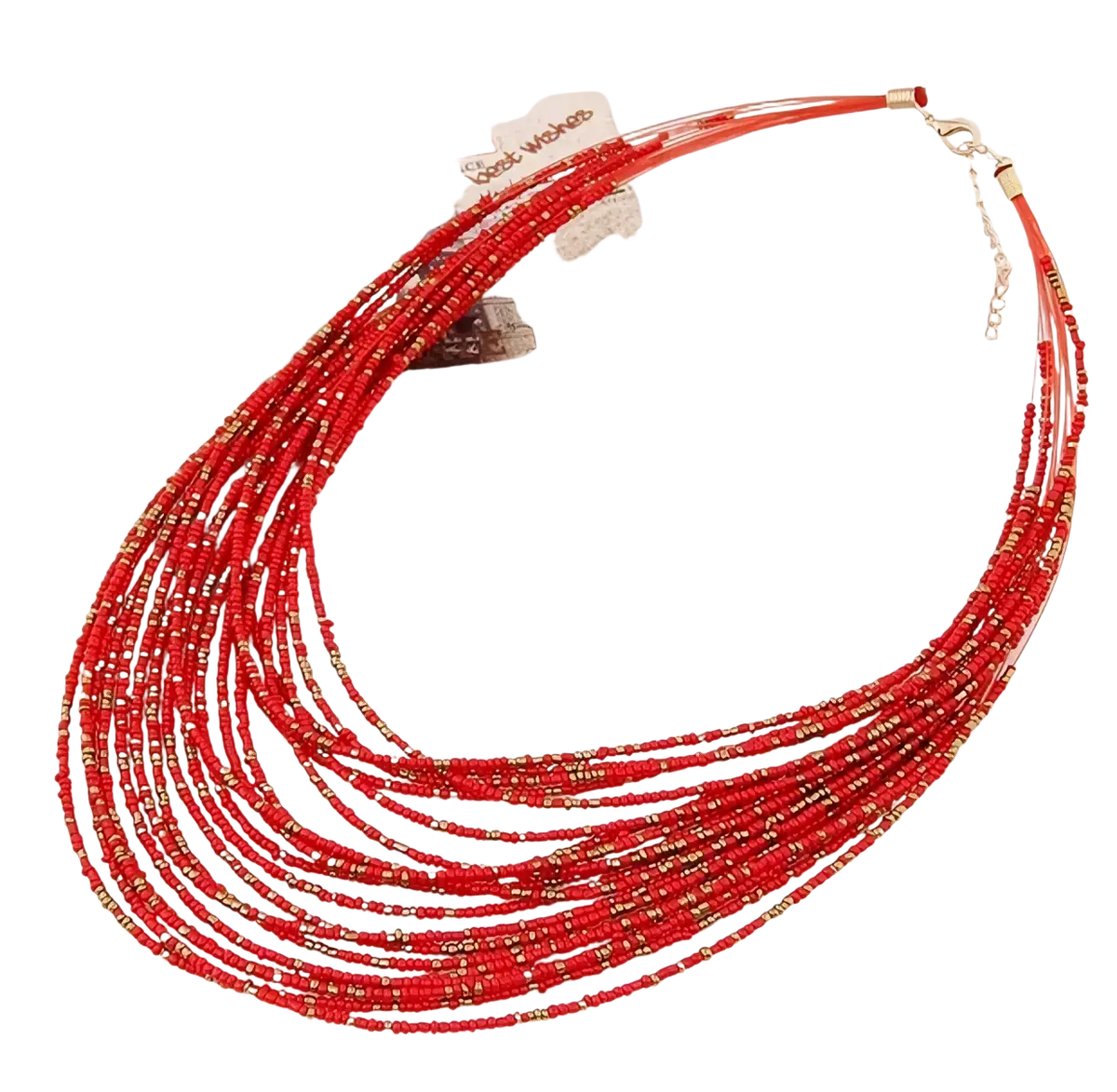 A boho multi-layer bead statement necklace featuring vibrant red beads with gold accents and a delicate chain clasp