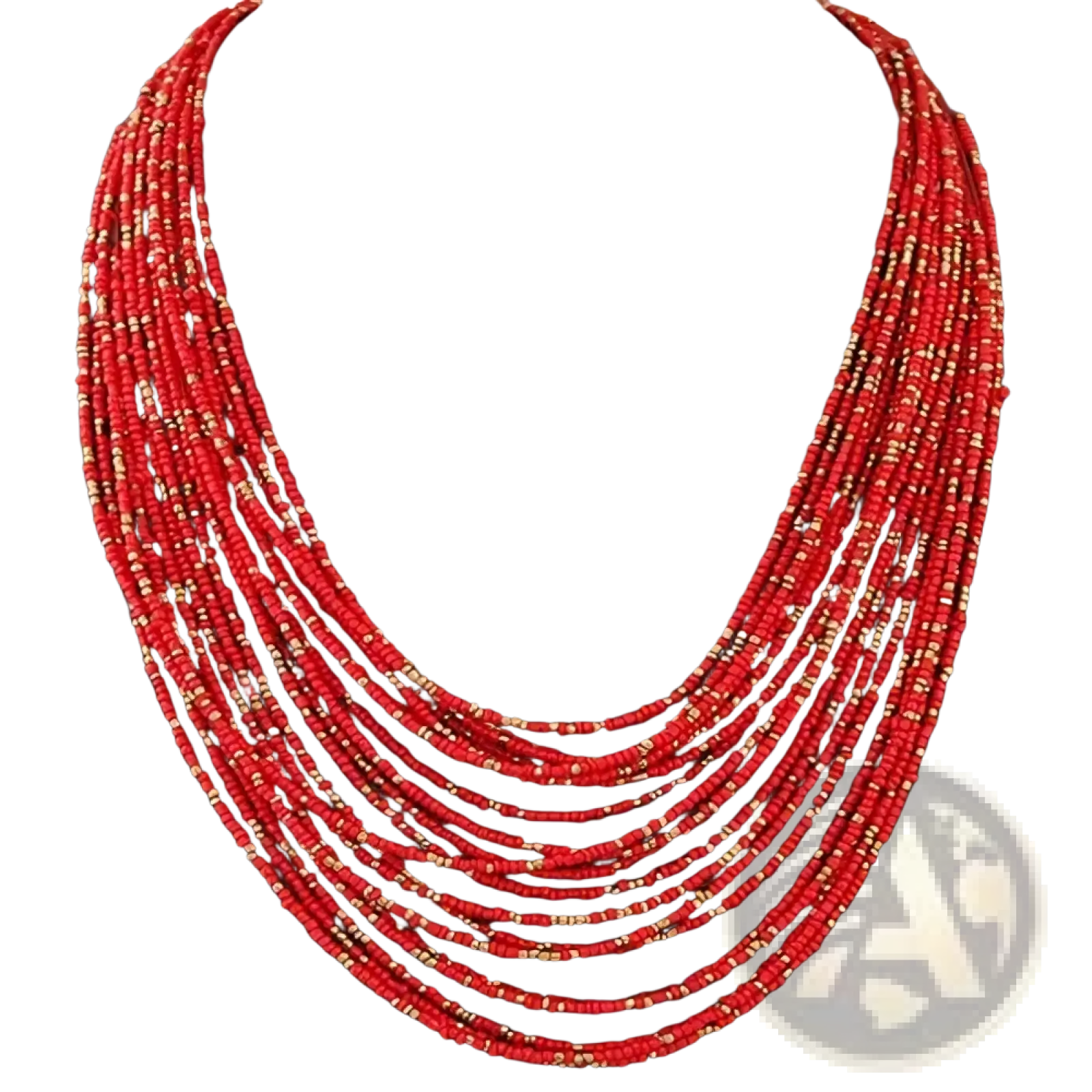 Boho multi-layer bead statement necklace featuring vibrant red cylindrical beads with subtle gold accents
