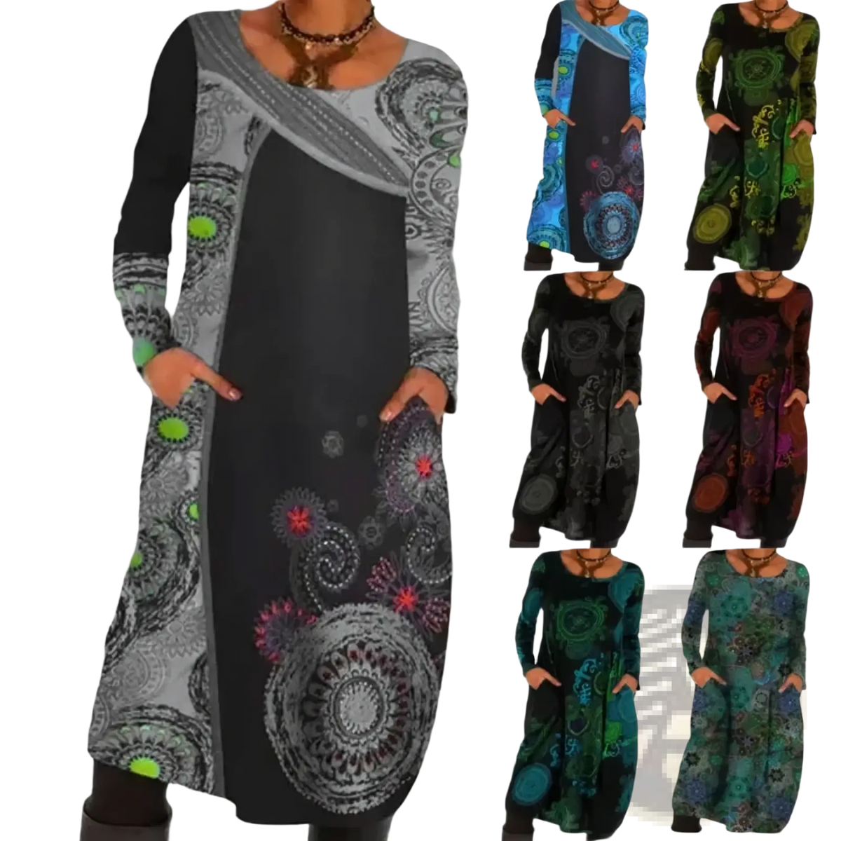 Boho printed long sleeve midi dress in black and gray with vibrant mandala patterns and an asymmetrical draped neckline