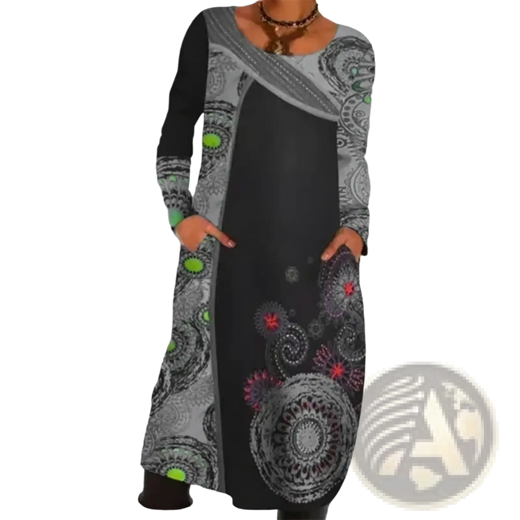 Boho printed long sleeve midi dress with black and gray paisley patterns and neon green and pink circular motifs