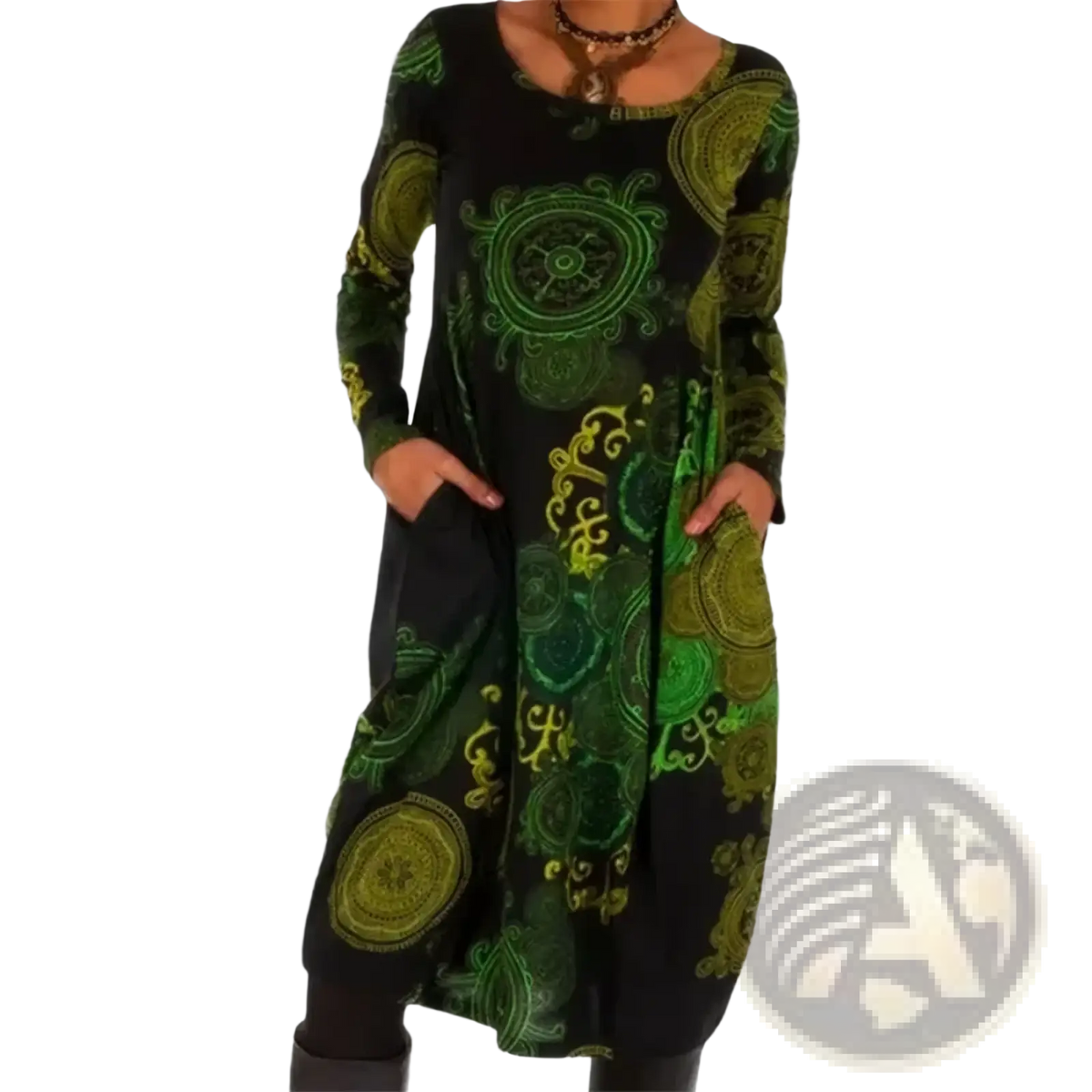 Black boho printed long sleeve midi dress with intricate green and yellow paisley patterns on soft fabric