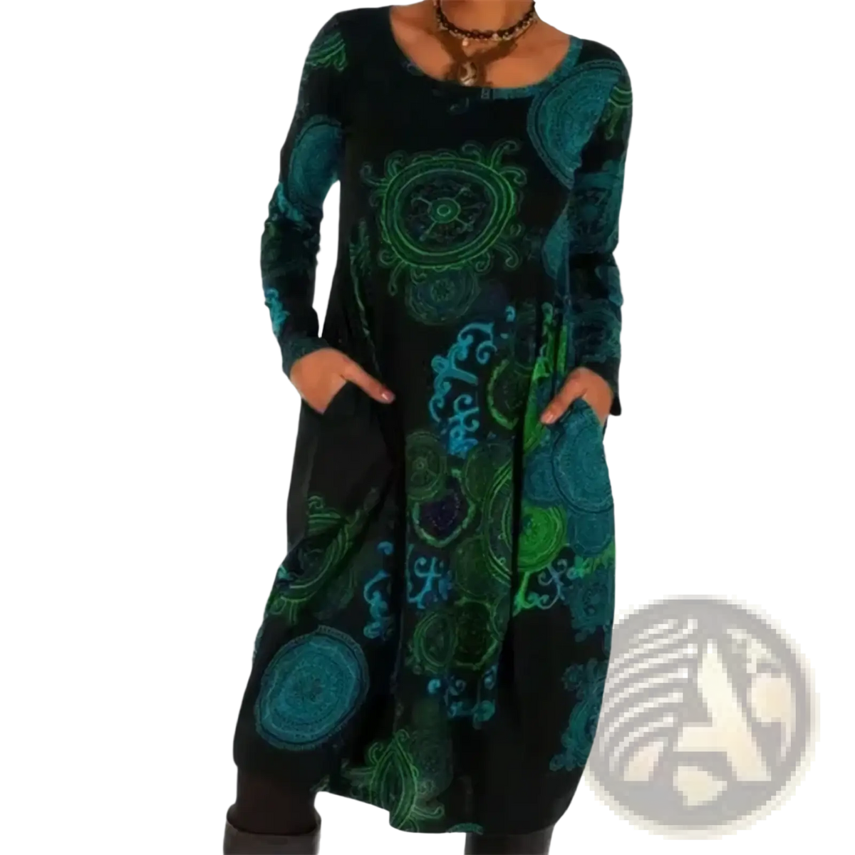 Black boho printed long sleeve midi dress with intricate teal and green circular patterns on soft fabric
