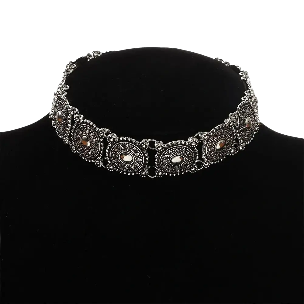 Silver choker necklace with intricate circular medallions and beaded detailing from boho silver vintage jewelry set
