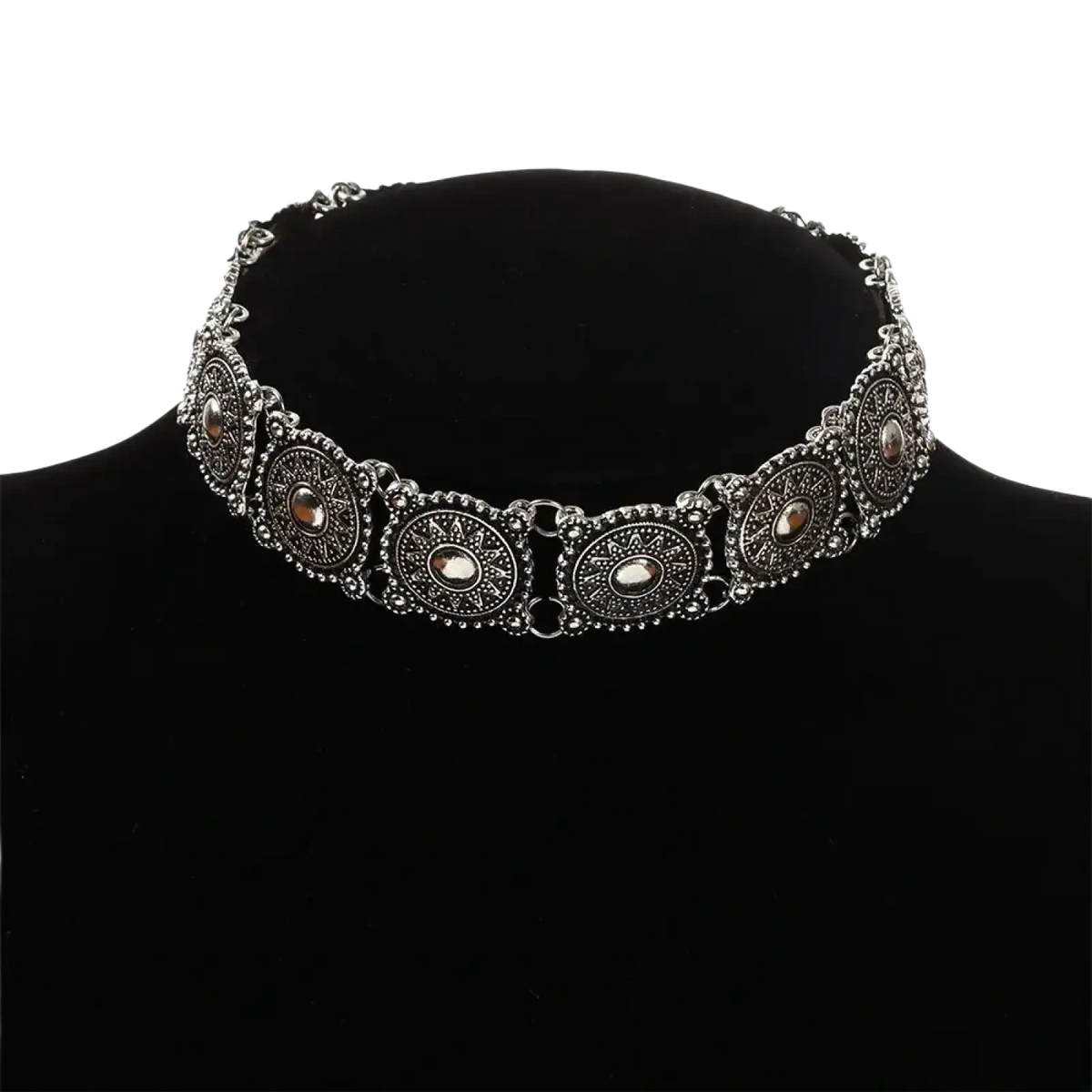 Silver choker necklace with intricate circular medallions and beaded detailing from boho silver vintage jewelry set