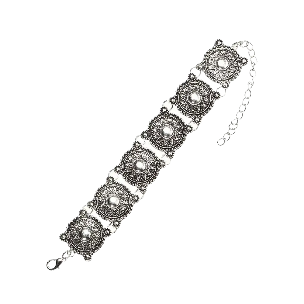 Boho silver vintage bracelet featuring five ornate circular medallions with intricate filigree and clear stones