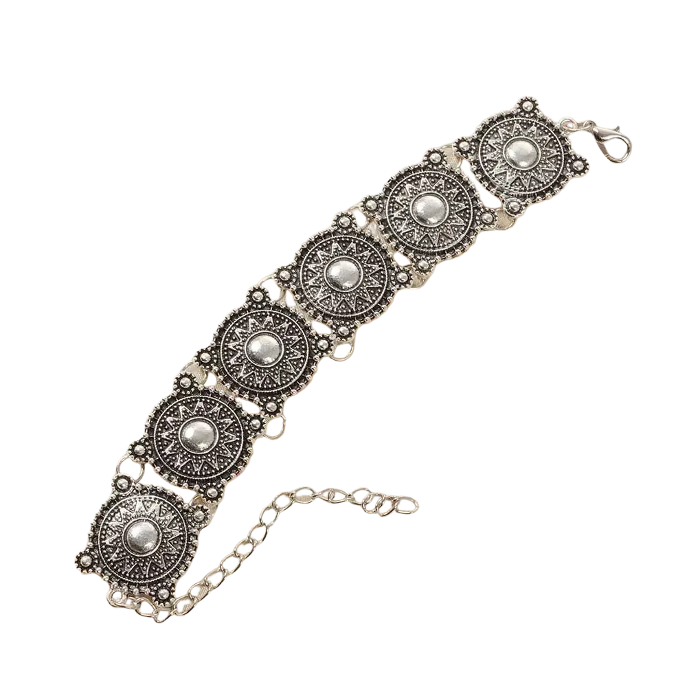 Boho silver vintage bracelet featuring five ornate circular medallions with intricate filigree and pearl stones
