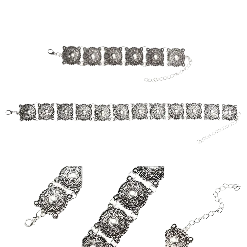Boho silver vintage jewelry set silver-toned metal belt buckle with intricate circular medallions and filigree patterns