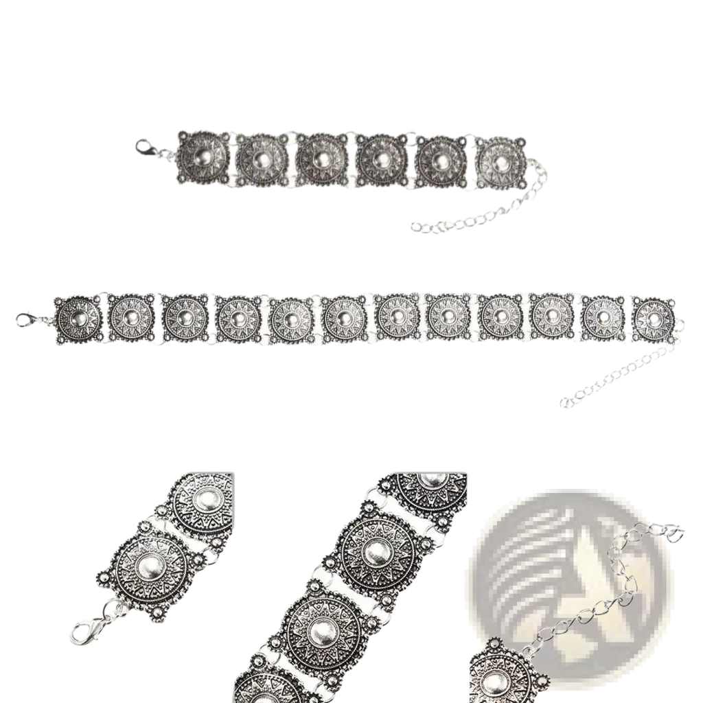 Boho silver vintage jewelry set silver-toned metal belt buckle with intricate circular medallions and filigree patterns