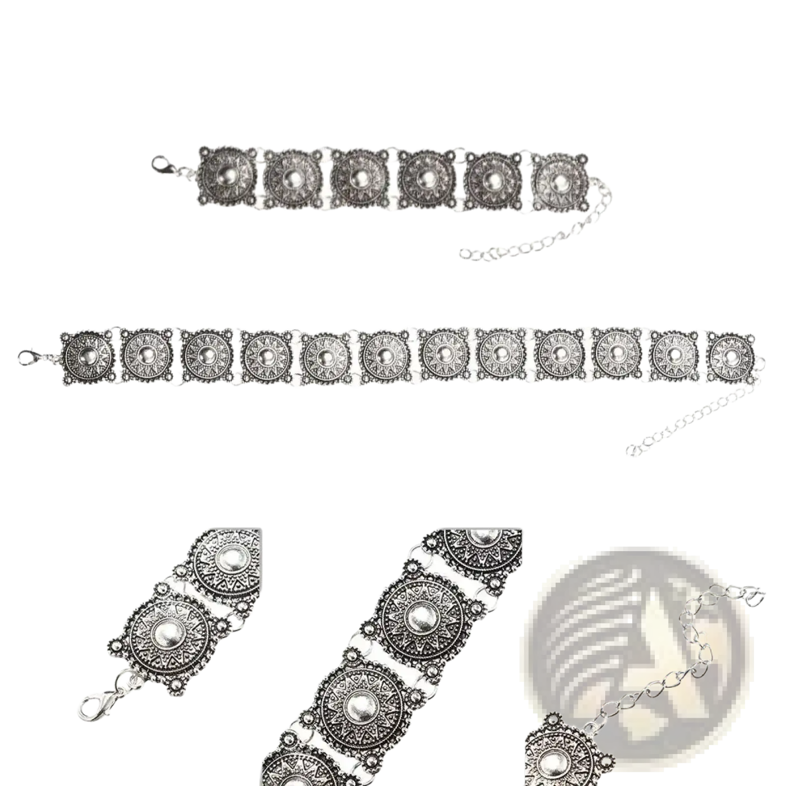 Boho silver vintage jewelry set silver-toned metal belt buckle with intricate circular medallions and filigree patterns