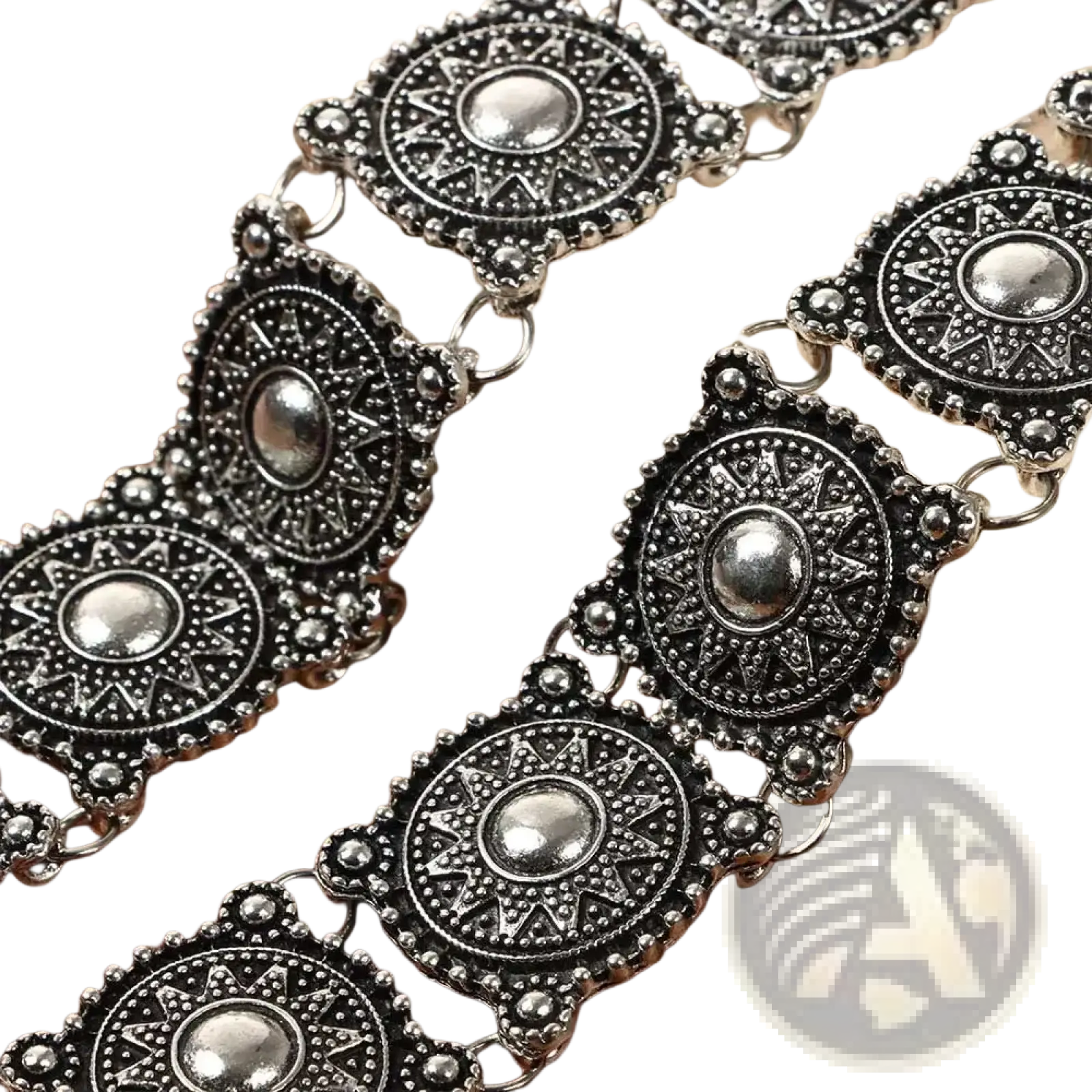 Boho silver vintage jewelry set featuring a silver-toned metal belt chain with intricate sunburst patterns and beaded edges