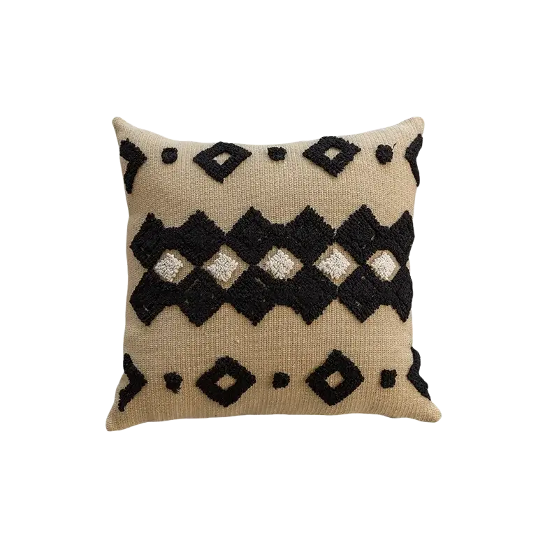 Beige boho throw pillow cover with black and cream geometric embroidery for living room decor