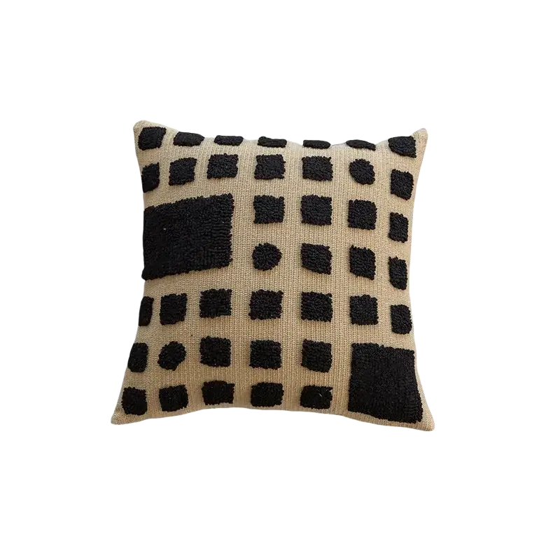 Beige boho throw pillow cover with black textured geometric patterns for living room decor