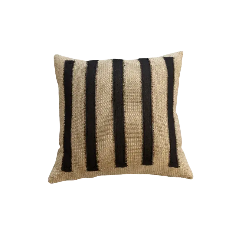 Beige boho throw pillow cover with bold black vertical stripes in woven fabric for living room decor