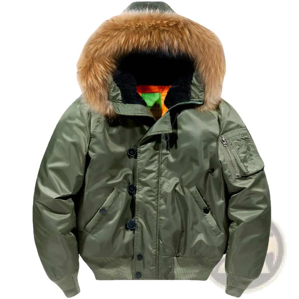 Olive green plus size bomber jacket with removable plush brown fur collar and black snap buttons