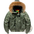 Olive green plus size bomber jacket with removable plush brown fur collar and black snap buttons