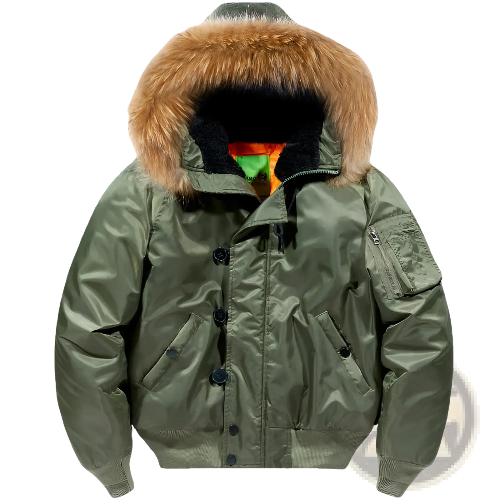 Olive green plus size bomber jacket with removable plush brown fur collar and black snap buttons