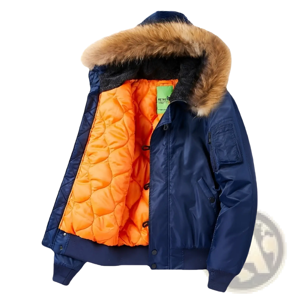 Navy blue bomber jacket with removable fur collar and vibrant orange quilted interior lining in plus size