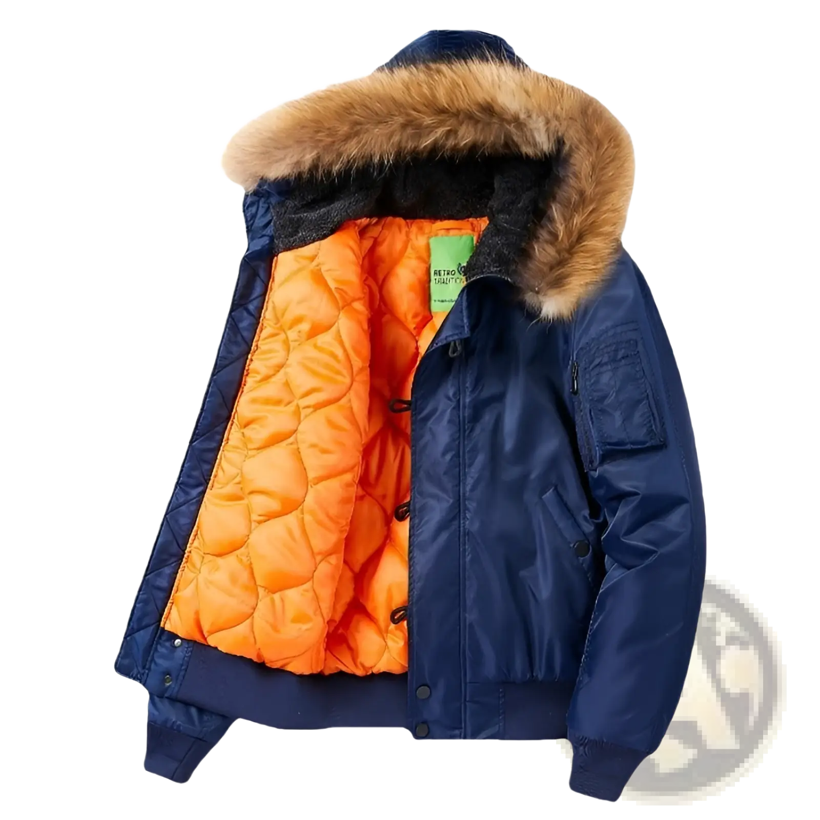 Navy blue bomber jacket with removable fur collar and vibrant orange quilted interior lining in plus size