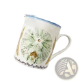 Bone china coffee mug with a white ceramic body hand-painted with green and gold floral stars and wheat design with blue rim