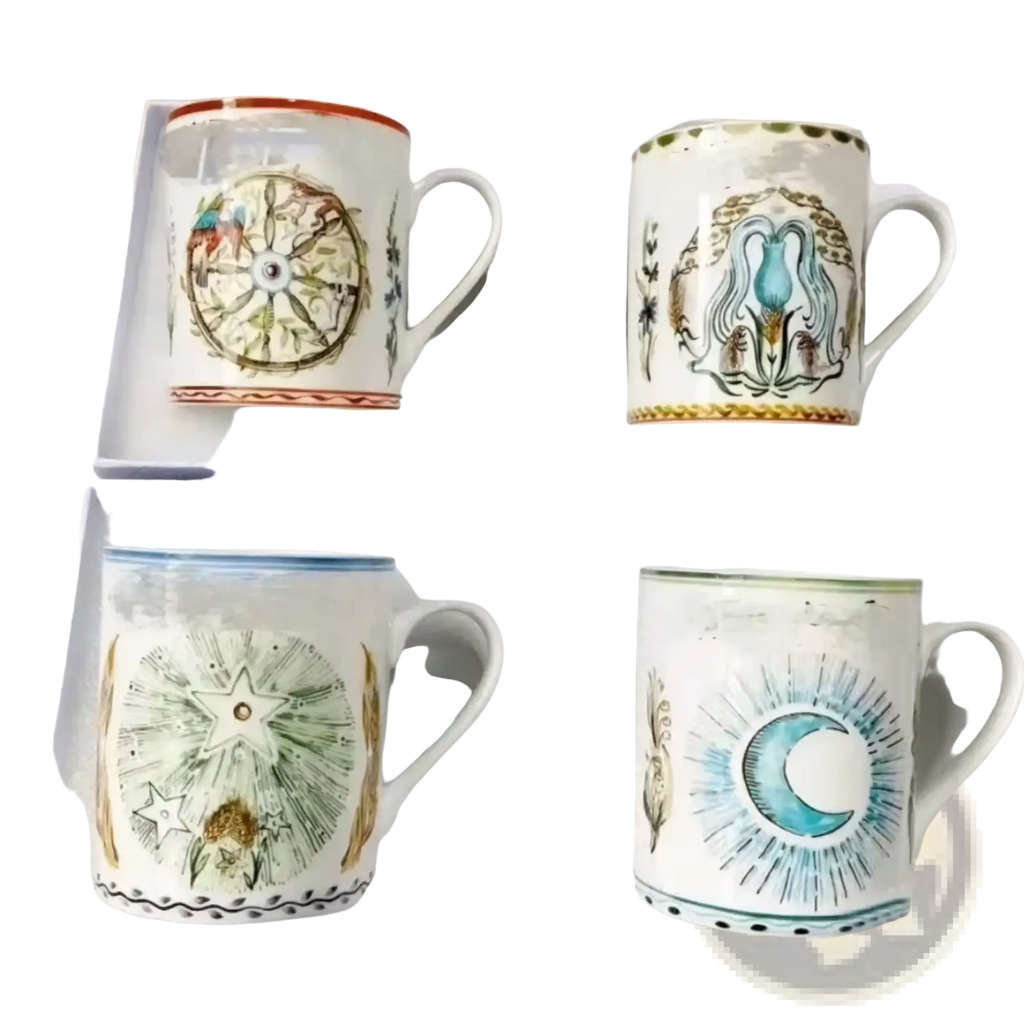 Set of four hand-painted bone china coffee mugs with celestial and mythological designs in earth tones and gold accents