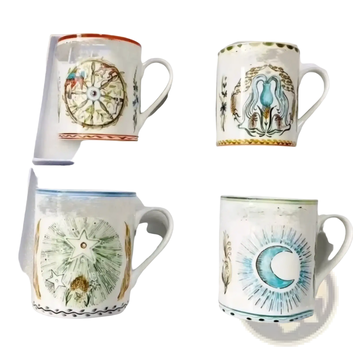 Set of four hand-painted bone china coffee mugs with celestial and mythological designs in earth tones and gold accents