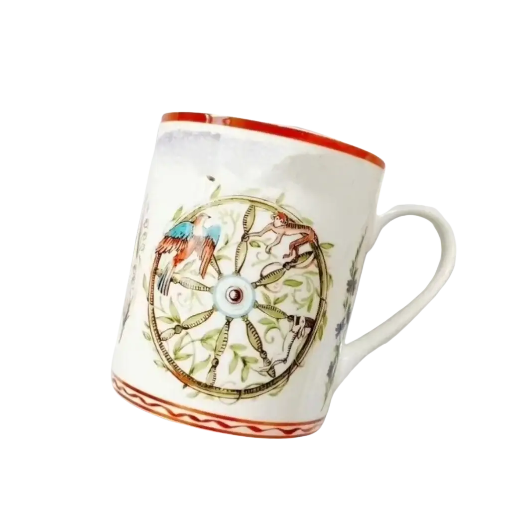 Bone china coffee mug with red rim and base featuring an intricate circular design of birds vines and animals