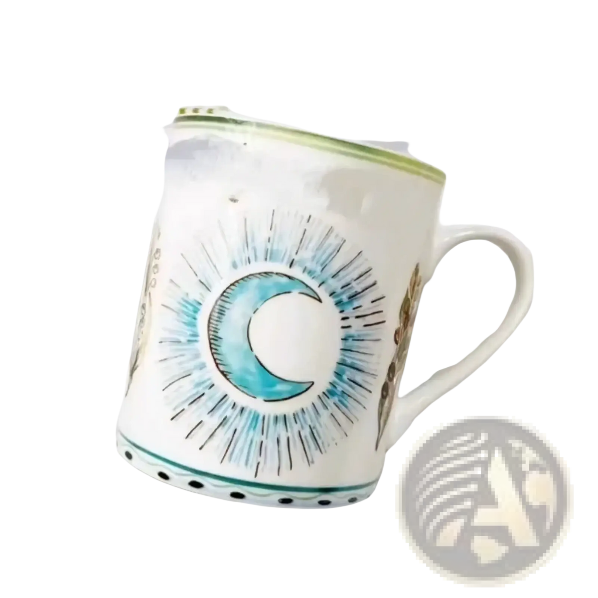 Bone china coffee mug featuring a white ceramic body with a hand-painted blue crescent moon and green trim accents