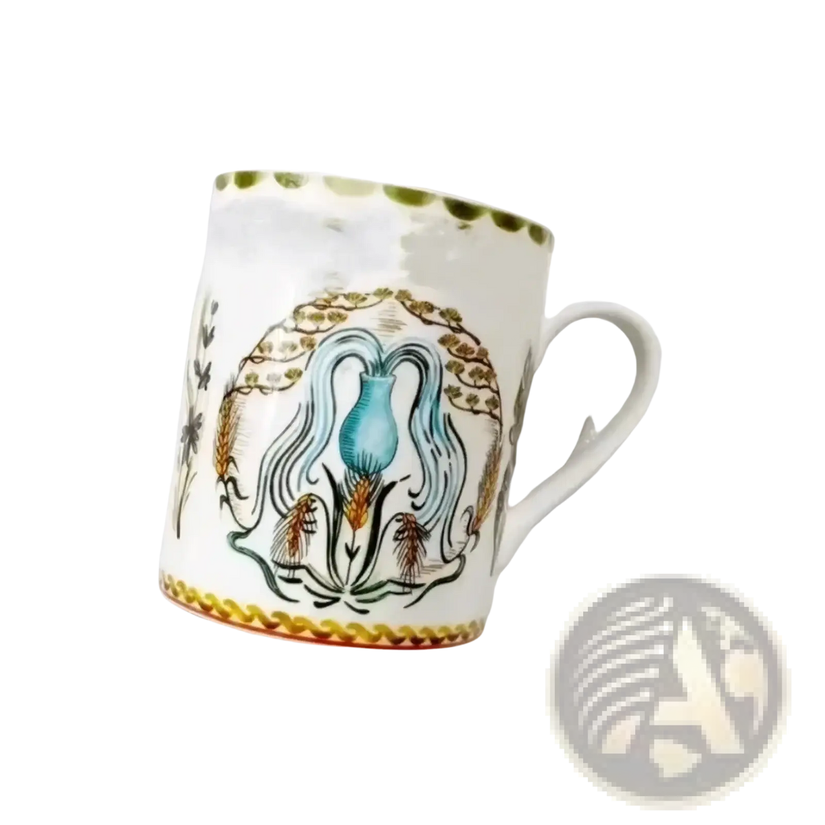 Bone china coffee mug with ornate teal gold black and brown floral vase design and decorative borders on white ceramic