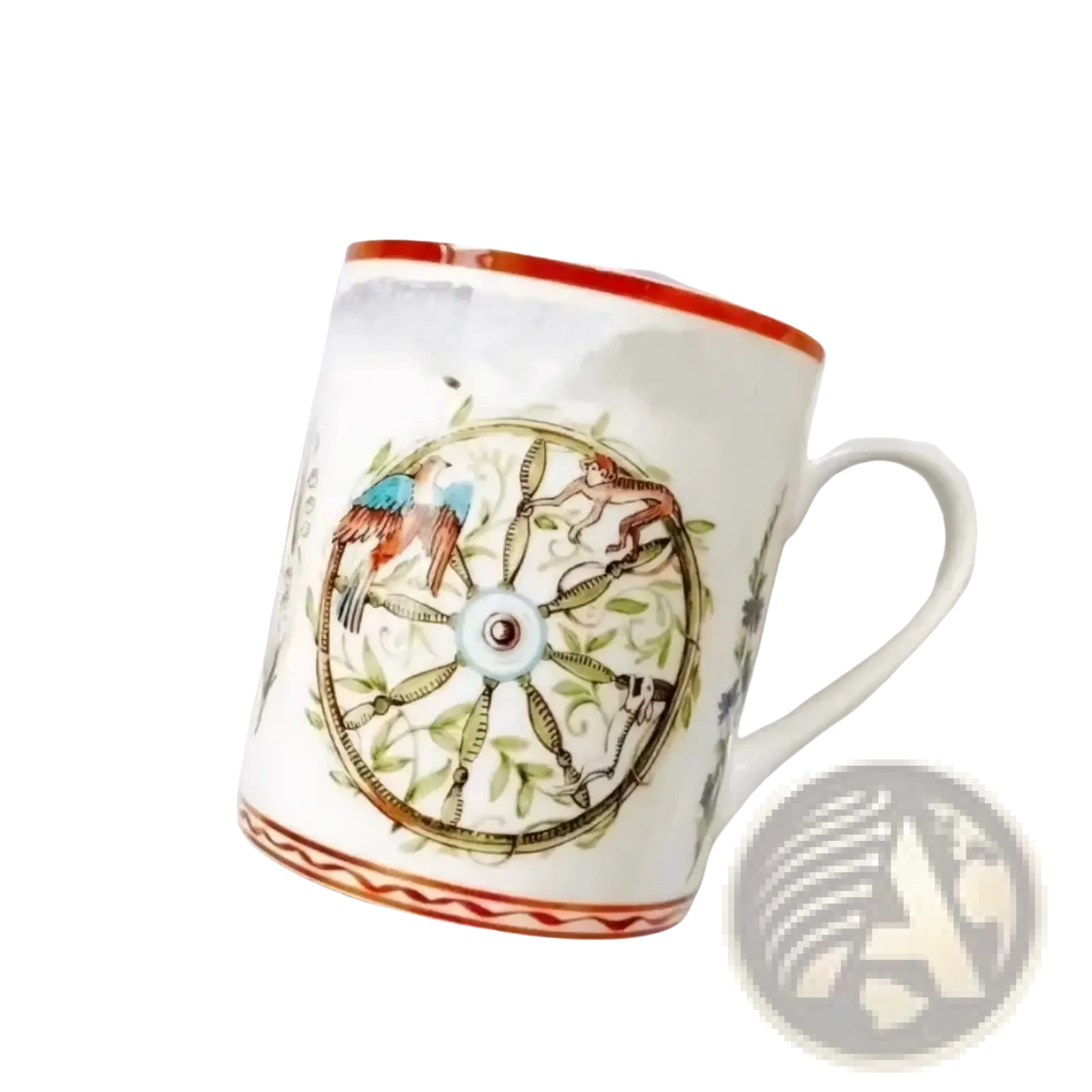 Bone china coffee mug featuring a white ceramic body with a red rim and base and a hand-painted bird and vine design
