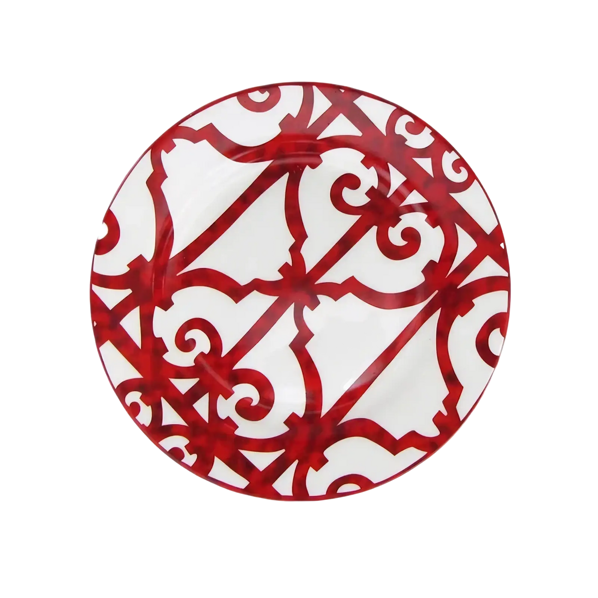 A round bone china red scroll dinner plate with a bold red and white ornate lattice pattern