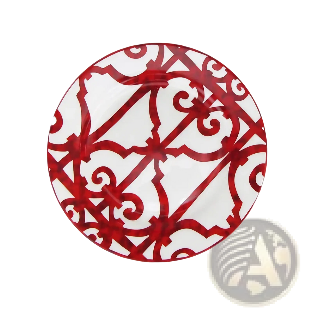 A round bone china red scroll dinner plate with a bold red and white ornate lattice pattern