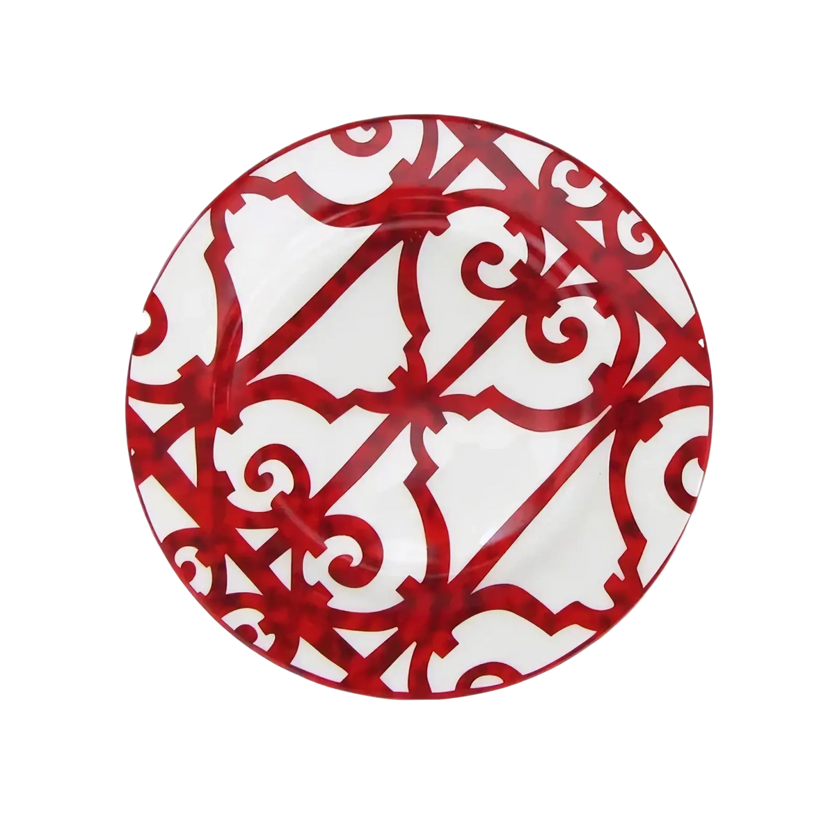 A round white bone china plate with bold red ornate swirling and geometric patterns from the red scroll dinnerware set