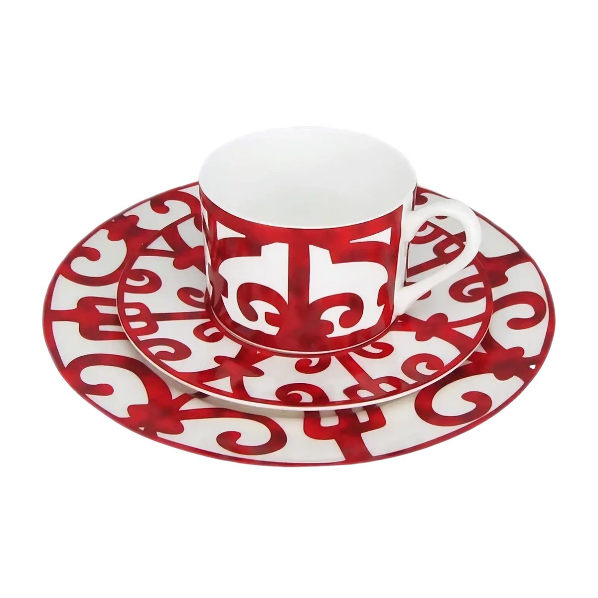 Red and white bone china espresso cup with ornate scrollwork and a glossy finish from the red scroll dinnerware set